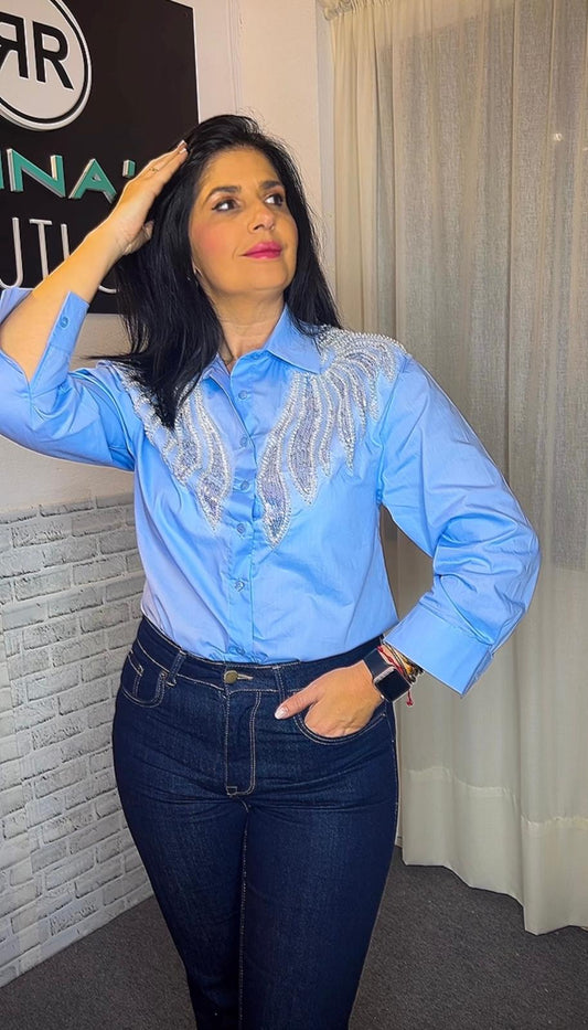 CAMISA CELESTE PERLAS
